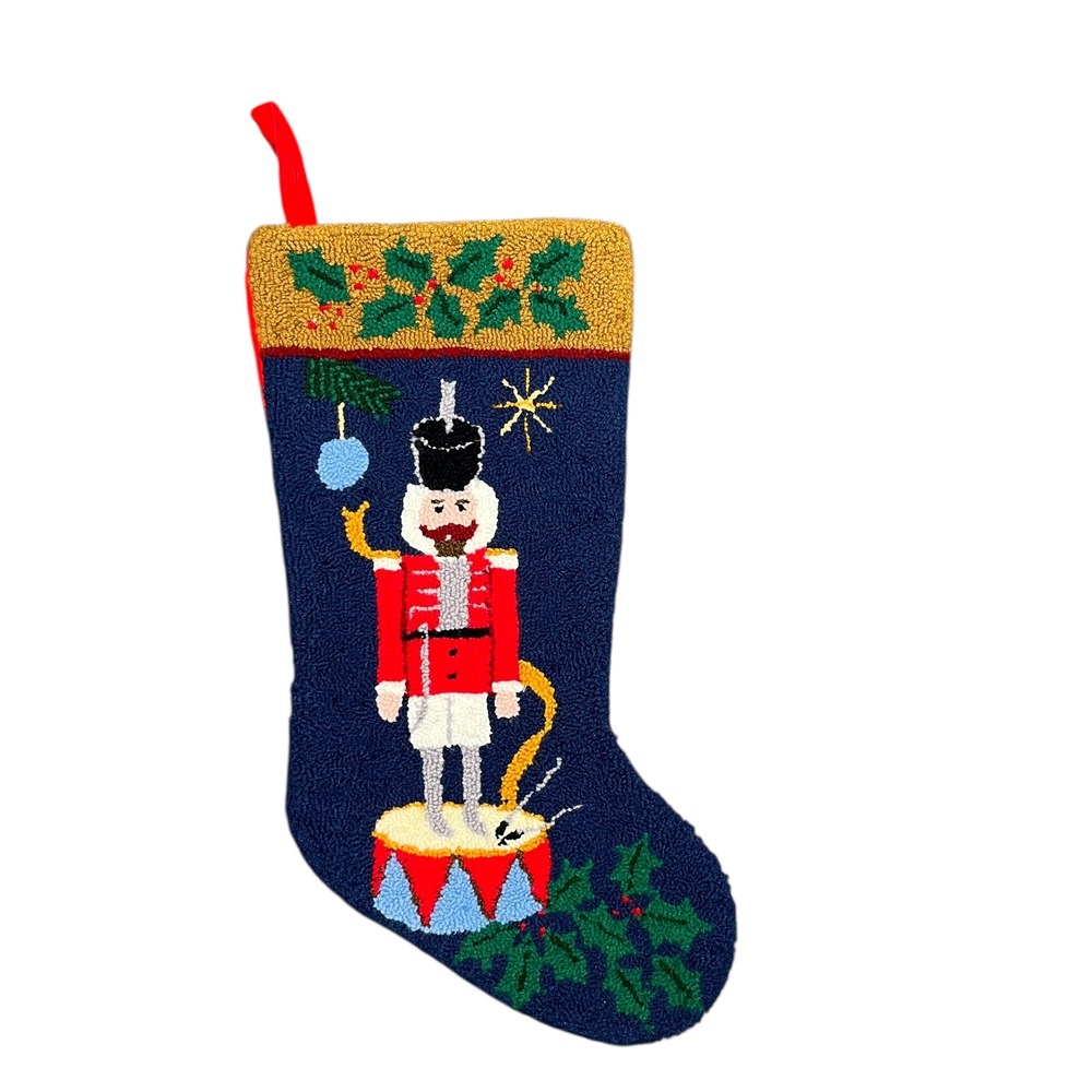 Hooked Wool Nutcracker Christmas Stocking‎ Navy Blue Red Holly Holiday Decor 18"